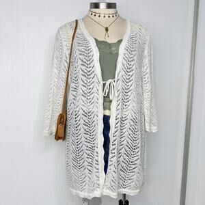 Y2K 90s Costal Cowgirl Open Knit Tie Cardigan White Plus Size